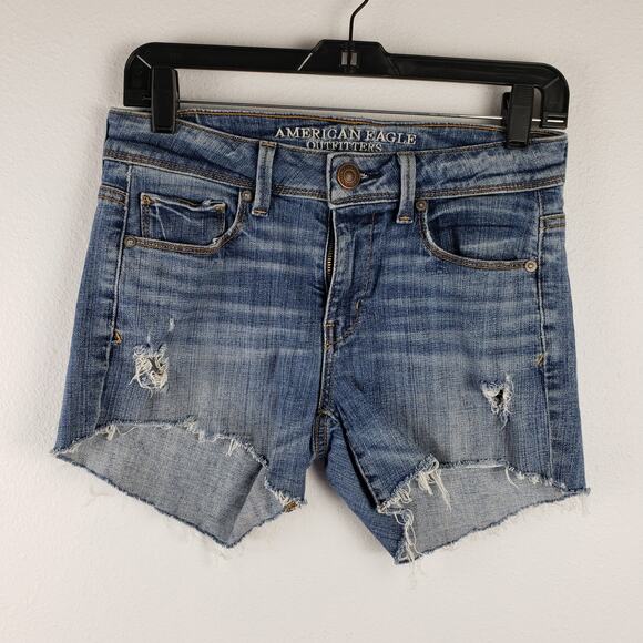 American Eagle Women's 4 Cut Of Jean Shorts Raw Hem Distressed Cotton Festival - Picture 1 of 8